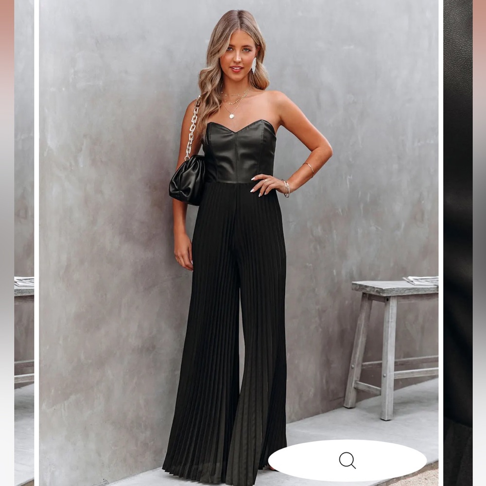 VIP STRAPLESS FAUX LEATHER PLEATED JUMPSUIT - BLACK